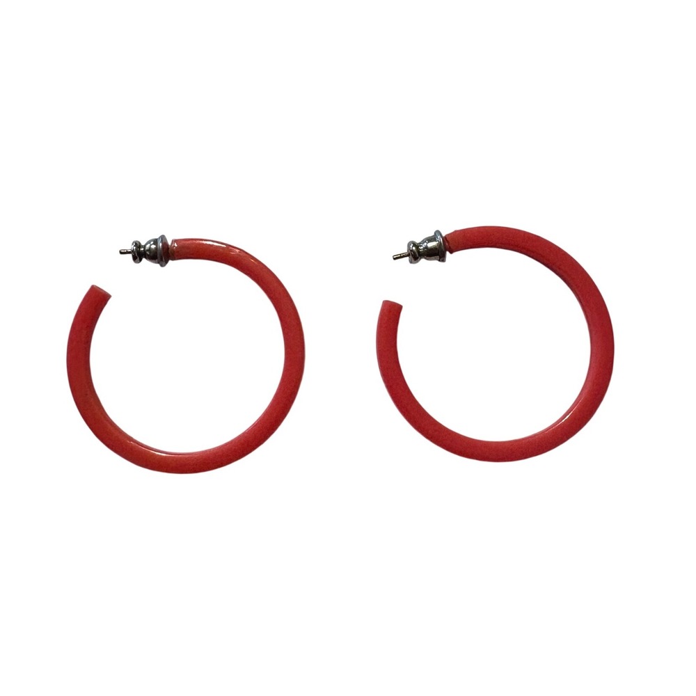1970s Orange Plastic Hoop Earrings Silver Tone Post Back 1.25 Inch Round Glossy - Picture 10 of 10